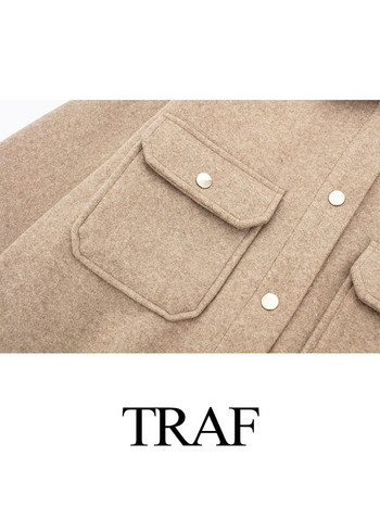 TRAF 2023 Есенна дамска мода с дълъг ръкав Шикозно горно облекло Дамско ретро едноцветно яке с ревери Вълнено палто