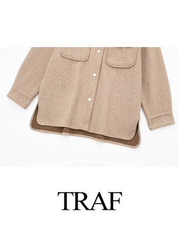 TRAF 2023 Есенна дамска мода с дълъг ръкав Шикозно горно облекло Дамско ретро едноцветно яке с ревери Вълнено палто