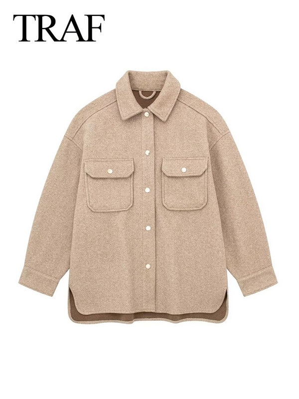 TRAF 2023, toamnă, modă pentru femei, cu mânecă lungă, îmbrăcăminte exterioară șic, topuri, vintage, de culoare uni, buzunare, jachetă cu rever, haină de lână