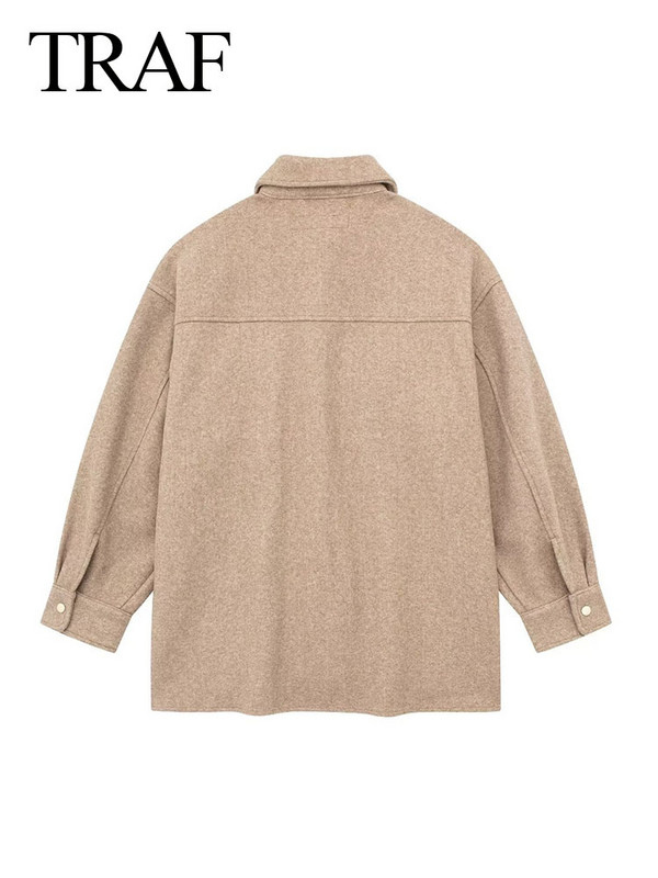 TRAF 2023, toamnă, modă pentru femei, cu mânecă lungă, îmbrăcăminte exterioară șic, topuri, vintage, de culoare uni, buzunare, jachetă cu rever, haină de lână