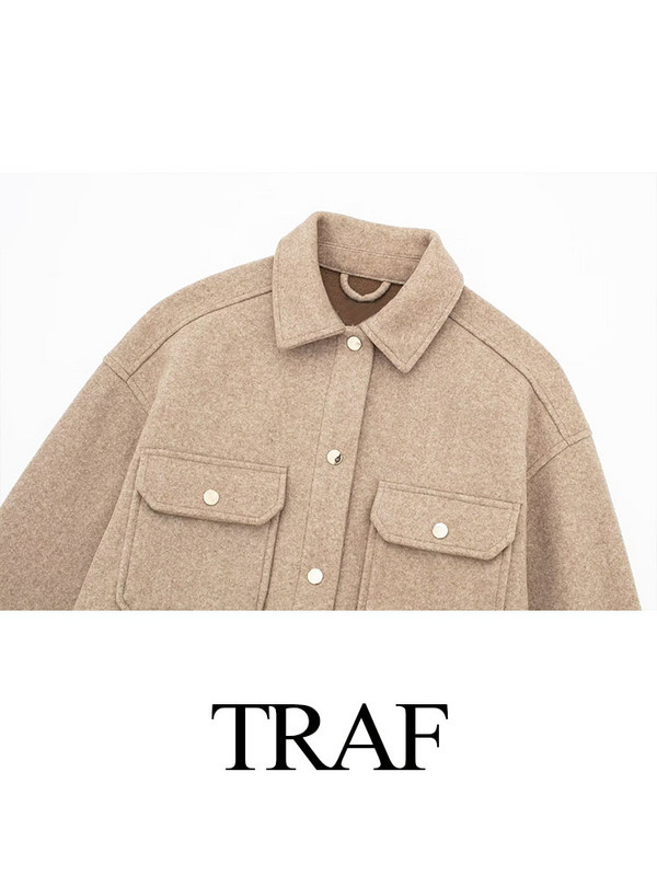 TRAF 2023, toamnă, modă pentru femei, cu mânecă lungă, îmbrăcăminte exterioară șic, topuri, vintage, de culoare uni, buzunare, jachetă cu rever, haină de lână