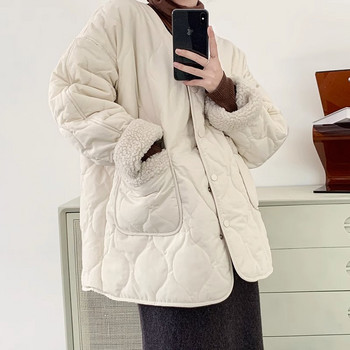 2023 Winter Vintage Simply Style Едноредно яке с подплата от агнешка вълна Дамско ежедневно свободно, супер топло палто Извънгабаритни връхни дрехи