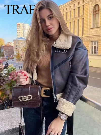 TRAF 2023 Zimska ženska kratka jakna s remenom, vjetrovka, kaput, modni retro topli, zadebljani dugi rukavi, patentni zatvarač Mujer Roupa Street