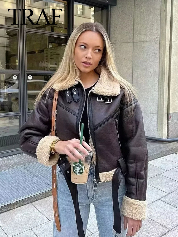 TRAF 2023, jachetă scurtă cu curea pentru femei, haină de vânt, modă retro, caldă, îngroșată, cu mânecă lungă, fermoar, femeie Roupa Street