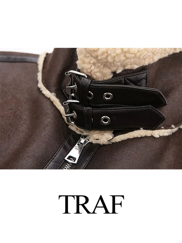 TRAF 2023, jachetă scurtă cu curea pentru femei, haină de vânt, modă retro, caldă, îngroșată, cu mânecă lungă, fermoar, femeie Roupa Street