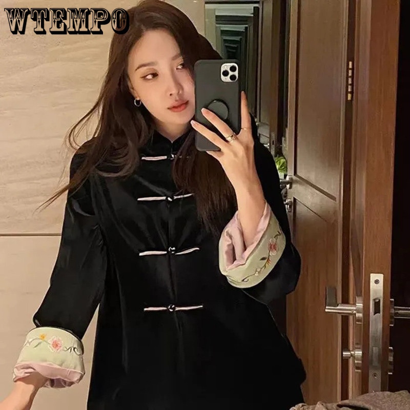 WTEMPO Broderie M-4XL Jachete Femei Stil Chinez Elegant Jachetă Doamnă Personal Bland Tradițional Chic Dial Cataramă Paltoane