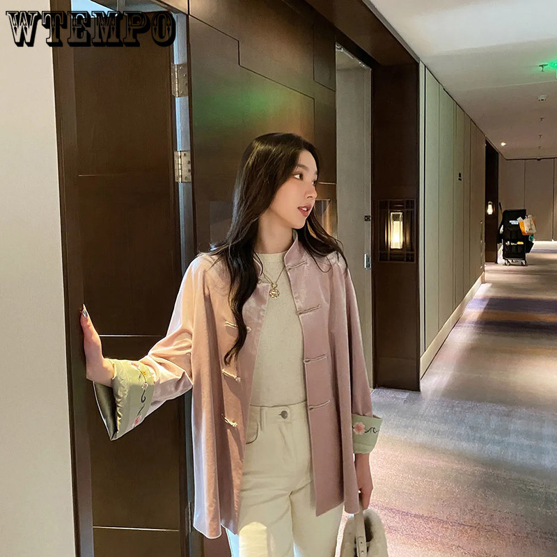 WTEMPO Broderie M-4XL Jachete Femei Stil Chinez Elegant Jachetă Doamnă Personal Bland Tradițional Chic Dial Cataramă Paltoane