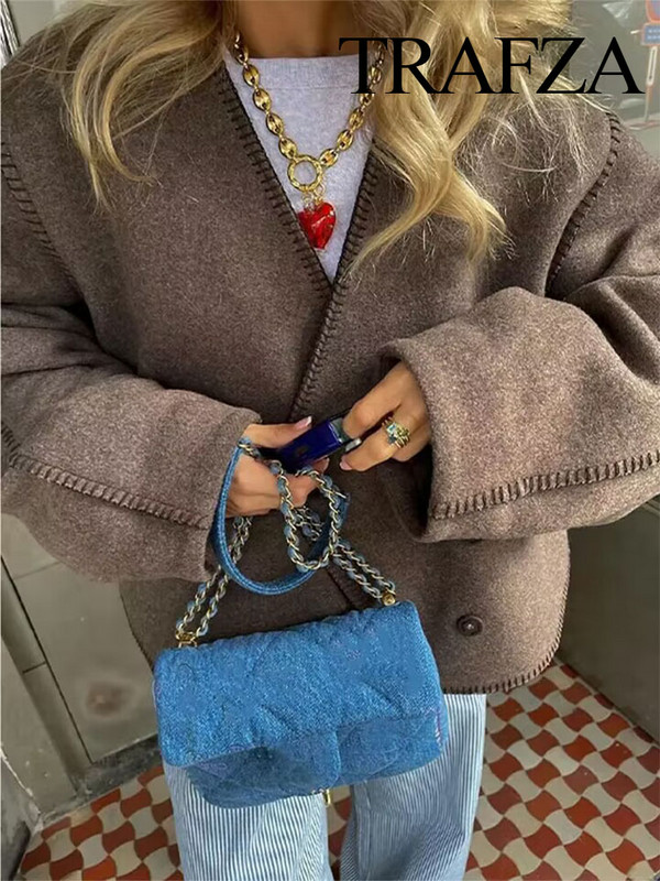 TRAFZA 2023 rudens senoviniai moteriški vilnoniai paltai Moteriški viršutiniai drabužiai Prašmatnūs viršutiniai moteriški rudi laisvi ilgomis rankovėmis žieminės striukės