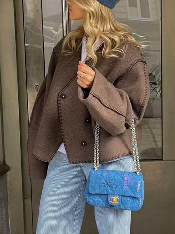 TRAFZA 2023 rudens senoviniai moteriški vilnoniai paltai Moteriški viršutiniai drabužiai Prašmatnūs viršutiniai moteriški rudi laisvi ilgomis rankovėmis žieminės striukės