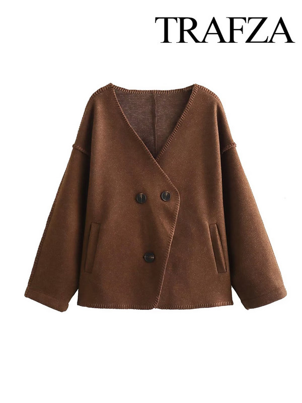 TRAFZA 2023 rudens senoviniai moteriški vilnoniai paltai Moteriški viršutiniai drabužiai Prašmatnūs viršutiniai moteriški rudi laisvi ilgomis rankovėmis žieminės striukės
