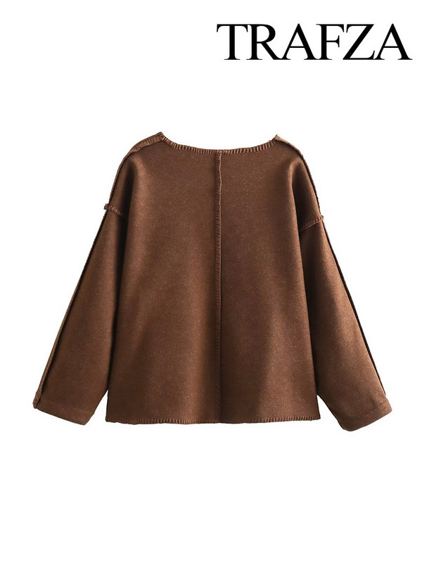 TRAFZA 2023 rudens senoviniai moteriški vilnoniai paltai Moteriški viršutiniai drabužiai Prašmatnūs viršutiniai moteriški rudi laisvi ilgomis rankovėmis žieminės striukės