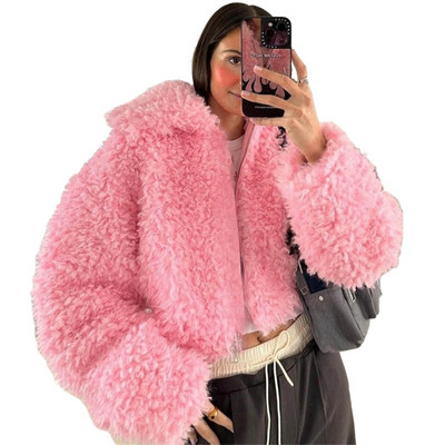 Palton pentru femei Sherpas Fuzzy Fleece, cu rever, cu fermoar, față deschis, îmbrăcăminte caldă de iarnă, Cadouri 066C