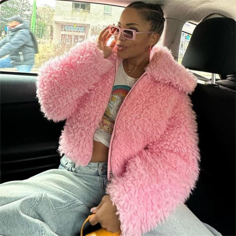 Palton pentru femei Sherpas Fuzzy Fleece, cu rever, cu fermoar, față deschis, îmbrăcăminte caldă de iarnă, Cadouri 066C