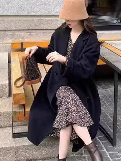 Palton de lână de toamnă pentru femei, ocazional, cu mânecă lungă, cu rever, haină lungă pentru femei, modă coreeană, largi, îmbrăcăminte exterioară călduroasă.