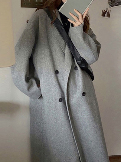 Palton de lână de toamnă pentru femei, ocazional, cu mânecă lungă, cu rever, haină lungă pentru femei, modă coreeană, largi, îmbrăcăminte exterioară călduroasă.