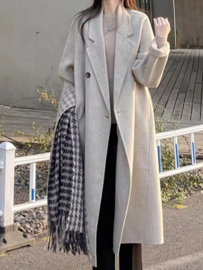 Palton de lână de toamnă pentru femei, ocazional, cu mânecă lungă, cu rever, haină lungă pentru femei, modă coreeană, largi, îmbrăcăminte exterioară călduroasă.
