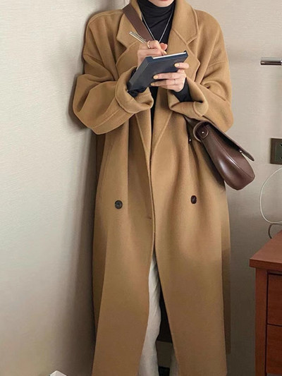 Palton de lână de toamnă pentru femei, ocazional, cu mânecă lungă, cu rever, haină lungă pentru femei, modă coreeană, largi, îmbrăcăminte exterioară călduroasă.