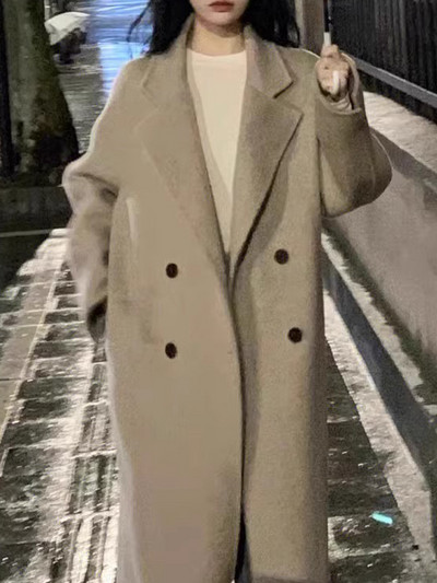 Palton de lână de toamnă pentru femei, ocazional, cu mânecă lungă, cu rever, haină lungă pentru femei, modă coreeană, largi, îmbrăcăminte exterioară călduroasă.