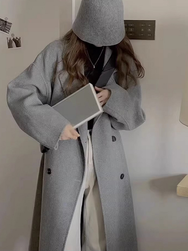 Palton de lână de toamnă pentru femei, ocazional, cu mânecă lungă, cu rever, haină lungă pentru femei, modă coreeană, largi, îmbrăcăminte exterioară călduroasă.
