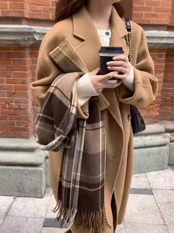 Palton de lână de toamnă pentru femei, ocazional, cu mânecă lungă, cu rever, haină lungă pentru femei, modă coreeană, largi, îmbrăcăminte exterioară călduroasă.