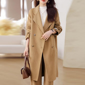 Rudens žiemos vilnonis paltas, moteriškas dvieilis vidutinio ilgio paltas Korėjietiško temperamento laisvi vientisi paltai