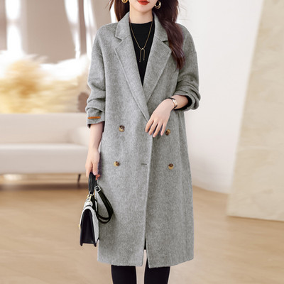 Rudens žiemos vilnonis paltas, moteriškas dvieilis vidutinio ilgio paltas Korėjietiško temperamento laisvi vientisi paltai