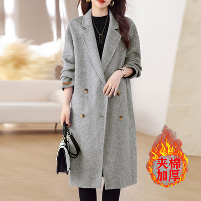 Rudens žiemos vilnonis paltas, moteriškas dvieilis vidutinio ilgio paltas Korėjietiško temperamento laisvi vientisi paltai