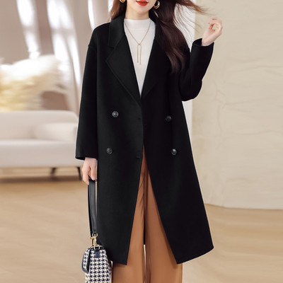 Rudens žiemos vilnonis paltas, moteriškas dvieilis vidutinio ilgio paltas Korėjietiško temperamento laisvi vientisi paltai