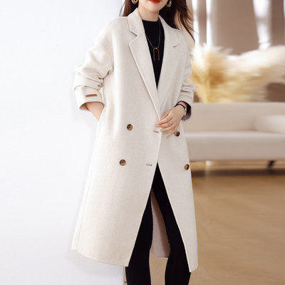Rudens žiemos vilnonis paltas, moteriškas dvieilis vidutinio ilgio paltas Korėjietiško temperamento laisvi vientisi paltai