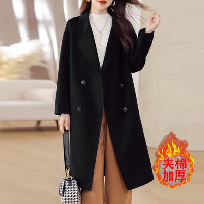 Rudens žiemos vilnonis paltas, moteriškas dvieilis vidutinio ilgio paltas Korėjietiško temperamento laisvi vientisi paltai