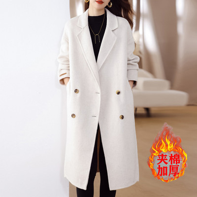 Rudens žiemos vilnonis paltas, moteriškas dvieilis vidutinio ilgio paltas Korėjietiško temperamento laisvi vientisi paltai