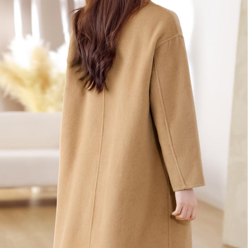Rudens žiemos vilnonis paltas, moteriškas dvieilis vidutinio ilgio paltas Korėjietiško temperamento laisvi vientisi paltai