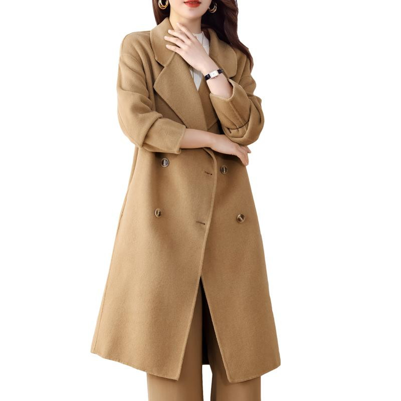 Rudens žiemos vilnonis paltas, moteriškas dvieilis vidutinio ilgio paltas Korėjietiško temperamento laisvi vientisi paltai