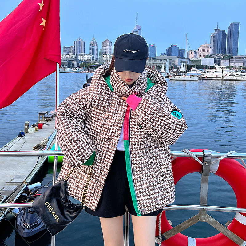 Jachetă de iarnă în carouri pentru femei Parka căptușită din bumbac gros, la modă, cu glugă, supradimensionată, cu spălare liberă Parka, jachete puf pentru femei