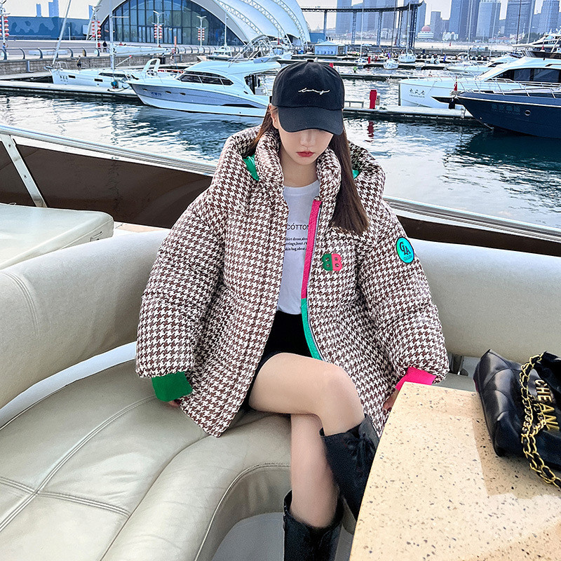 Jachetă de iarnă în carouri pentru femei Parka căptușită din bumbac gros, la modă, cu glugă, supradimensionată, cu spălare liberă Parka, jachete puf pentru femei