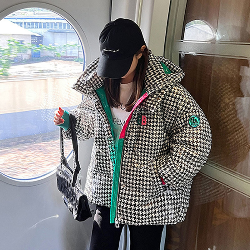 Jachetă de iarnă în carouri pentru femei Parka căptușită din bumbac gros, la modă, cu glugă, supradimensionată, cu spălare liberă Parka, jachete puf pentru femei