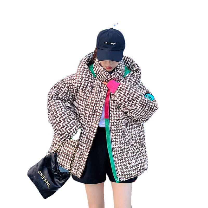 Jachetă de iarnă în carouri pentru femei Parka căptușită din bumbac gros, la modă, cu glugă, supradimensionată, cu spălare liberă Parka, jachete puf pentru femei