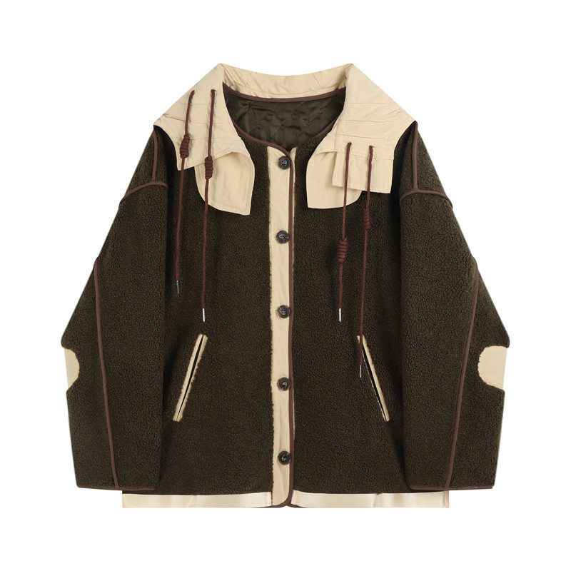 Retro kontrastingos spalvos dygsniuotos striukės Moteriški drabužiai Rudeniniai žieminiai paltai ėrienos pliušinis susiuvimas striukės su gobtuvu jp435