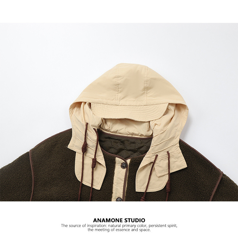 Retro kontrastingos spalvos dygsniuotos striukės Moteriški drabužiai Rudeniniai žieminiai paltai ėrienos pliušinis susiuvimas striukės su gobtuvu jp435