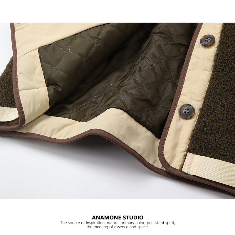 Retro kontrastingos spalvos dygsniuotos striukės Moteriški drabužiai Rudeniniai žieminiai paltai ėrienos pliušinis susiuvimas striukės su gobtuvu jp435