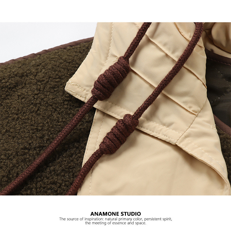 Retro kontrastingos spalvos dygsniuotos striukės Moteriški drabužiai Rudeniniai žieminiai paltai ėrienos pliušinis susiuvimas striukės su gobtuvu jp435