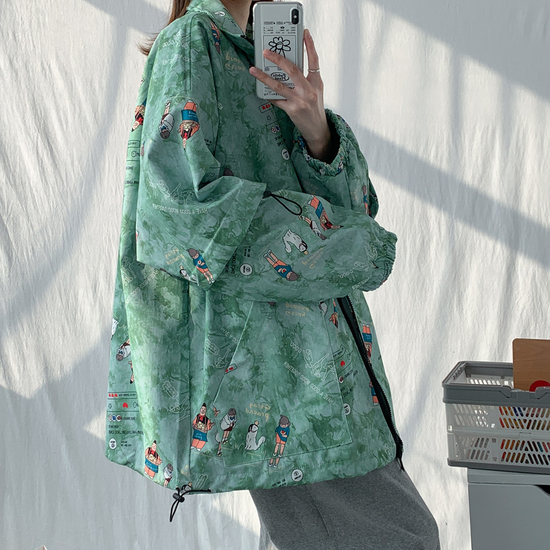 2023 m. Nauja Moteriška pavasario rudens spauda Striukės paltas Itin laisvas Kasdieniniai animaciniai paveikslėliai Paltai moteriška ilga striukė Viršutiniai drabužiai D1087