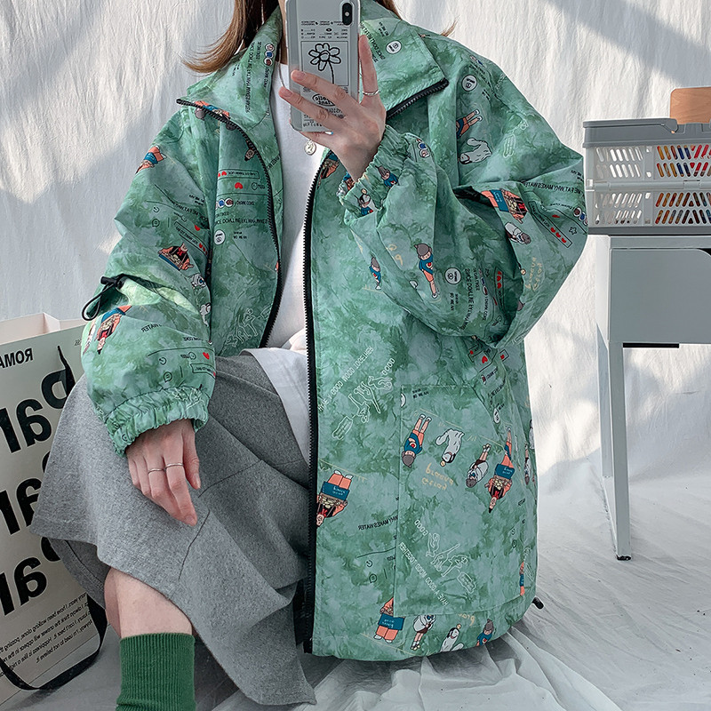 2023 m. Nauja Moteriška pavasario rudens spauda Striukės paltas Itin laisvas Kasdieniniai animaciniai paveikslėliai Paltai moteriška ilga striukė Viršutiniai drabužiai D1087