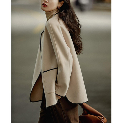 Stil elegant pentru damă, ca haină largi pentru femei, iarnă 2023, nou, umăr drept, gât rotund, jachetă dreaptă din lână pentru femei