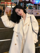 2023Toamnă și iarnă Jachetă nouă de vânt de lână pentru femei, cu două fețe, culoare solidă, cu legături în talie, haină de iarnă din lână de lungime medie