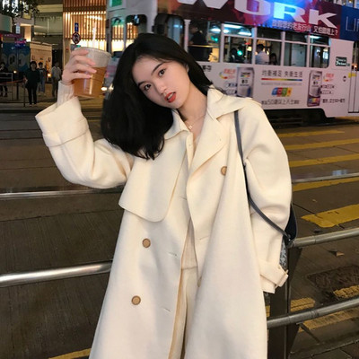 2023Toamnă și iarnă Jachetă nouă de vânt de lână pentru femei, cu două fețe, culoare solidă, cu legături în talie, haină de iarnă din lână de lungime medie