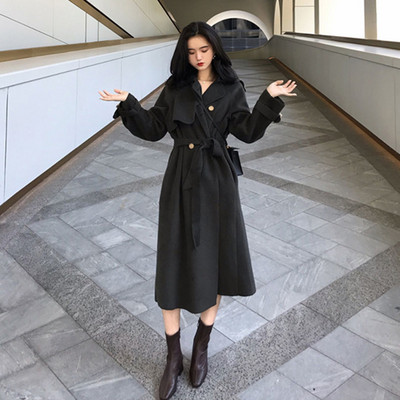 2023Toamnă și iarnă Jachetă nouă de vânt de lână pentru femei, cu două fețe, culoare solidă, cu legături în talie, haină de iarnă din lână de lungime medie