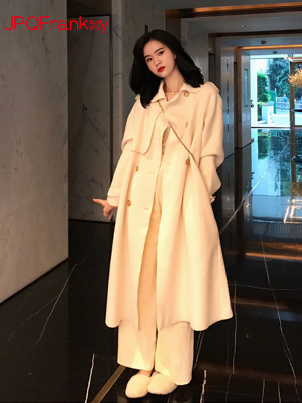 2023Toamnă și iarnă Jachetă nouă de vânt de lână pentru femei, cu două fețe, culoare solidă, cu legături în talie, haină de iarnă din lână de lungime medie