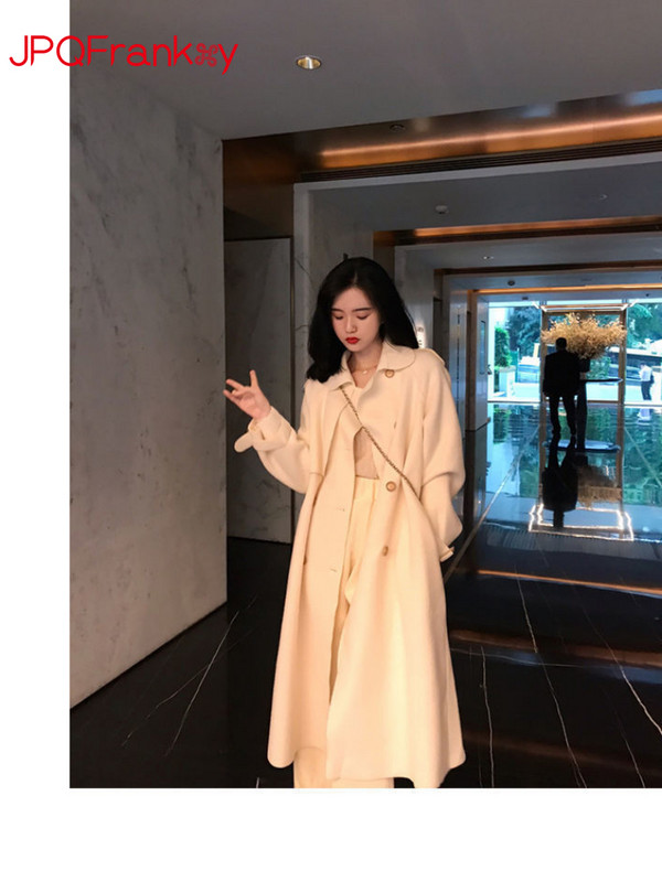 2023Toamnă și iarnă Jachetă nouă de vânt de lână pentru femei, cu două fețe, culoare solidă, cu legături în talie, haină de iarnă din lână de lungime medie