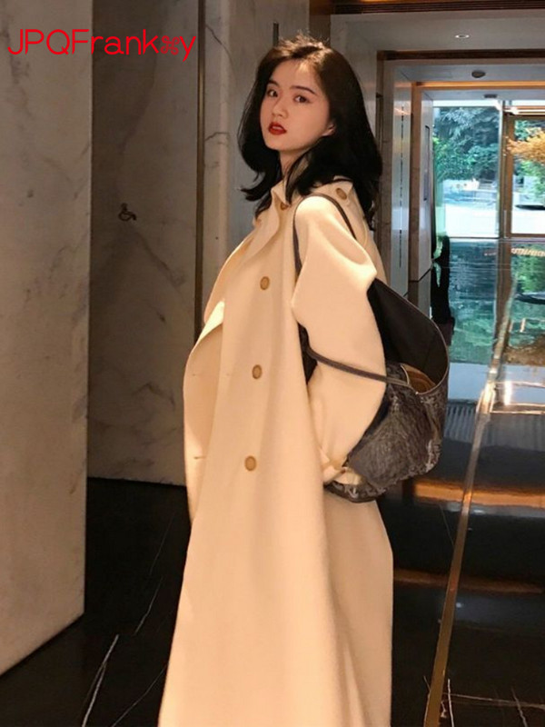 2023Toamnă și iarnă Jachetă nouă de vânt de lână pentru femei, cu două fețe, culoare solidă, cu legături în talie, haină de iarnă din lână de lungime medie